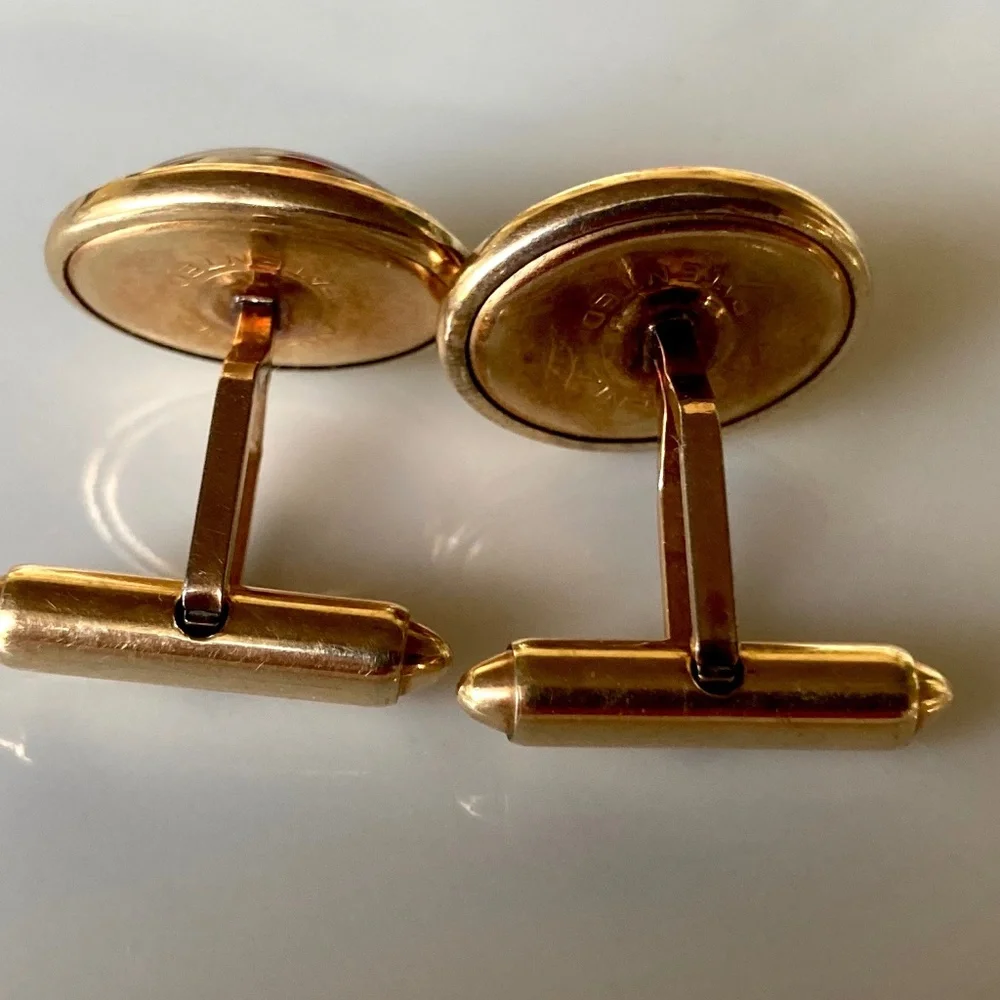 Vintage Krementz Tiger’s Eye Cufflinks– Pre-Patent 1930s • Gold Tone • Oval Dome